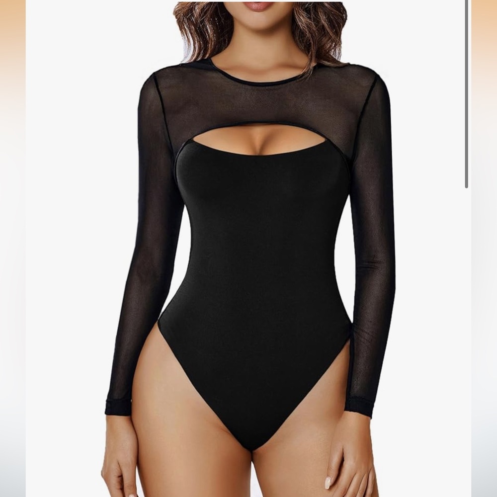 Elegant Black Sheer Long Sleeve Bodysuit - thong bottom snap - never worn